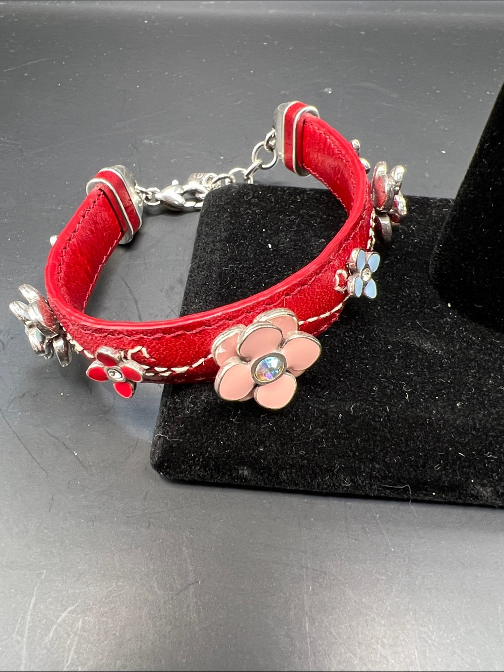Brighton Red Leather Bracelet with Pink and Blue Enamel Flowers